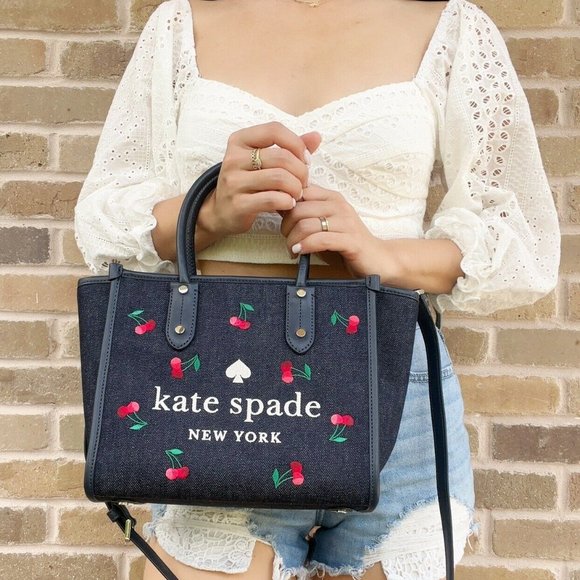 Kate Spade Embroidered Tote Crossbody Denim Blue Multi - Picture 2 of 4